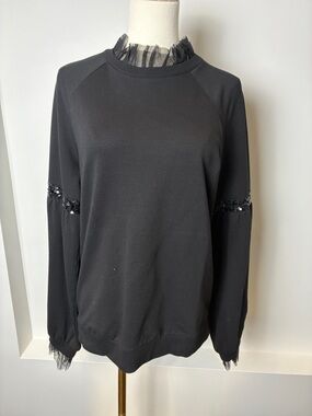 Halogen Black Crewneck Sweater with Sequin & Tulle Trim